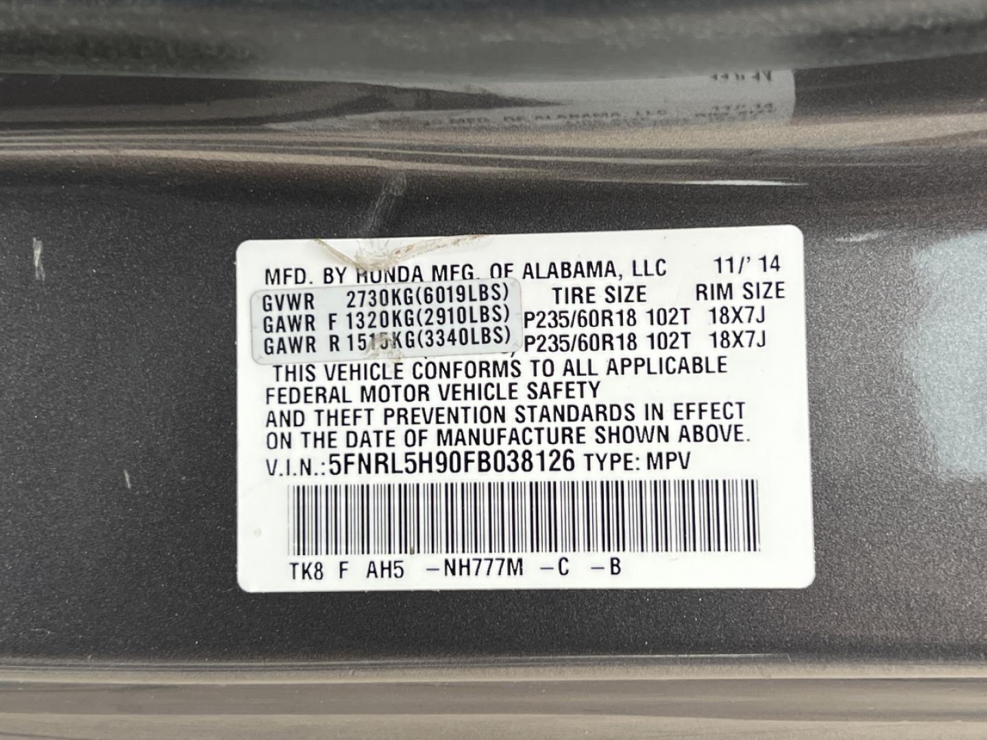 2015 BROWN /Gray Leather HONDA ODYSSEY TOURING (5FNRL5H90FB) with an 3.5L engine, Automatic transmission, located at 2990 Old Orchard Rd., Jackson, MO, 63755, 37.354214, -89.612106 - Photo#48