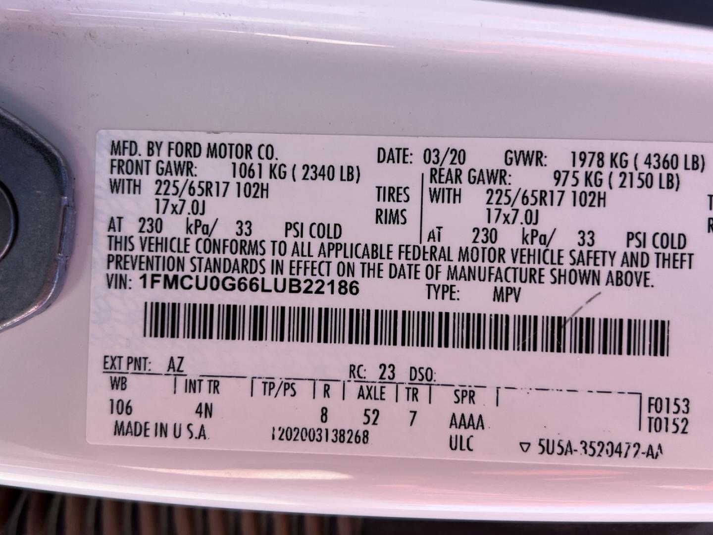 2020 WHITE /Tan Cloth FORD ESCAPE SE (1FMCU0G66LU) with an 1.5L 3 Cyl. engine, Automatic transmission, located at 2990 Old Orchard Rd., Jackson, MO, 63755, 37.354214, -89.612106 - 2020 Ford Escape SE Local 1-Owner 75xxx miles Front Wheel Drive 1.5L 3 Cyl. Automatic Navigation Backup Camera Heated Seats Power Driver Seat Bluetooth Cruise Power Windows/Locks/Mirrors We have financing available and we accept trades! Fill out a credit application on our website or co - Photo#40