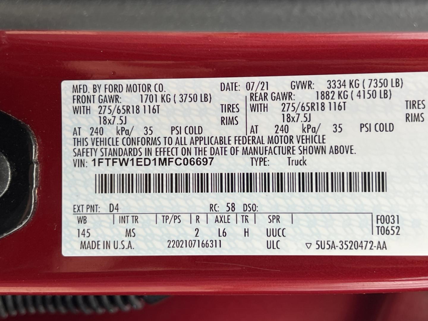 2021 RED /Gray Cloth FORD F150 XLT (1FTFW1ED1MF) with an 3.5L engine, Automatic transmission, located at 2990 Old Orchard Rd., Jackson, MO, 63755, 37.354214, -89.612106 - Photo#50